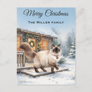 Cartão Postal De Festividades Gato Ragdoll Aquarela Natal Cabana de Inverno Nata