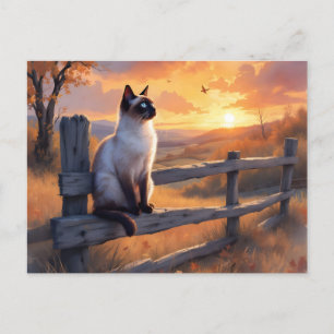 Cartão Postal De Festividades Gato siamês na cerca do trilho