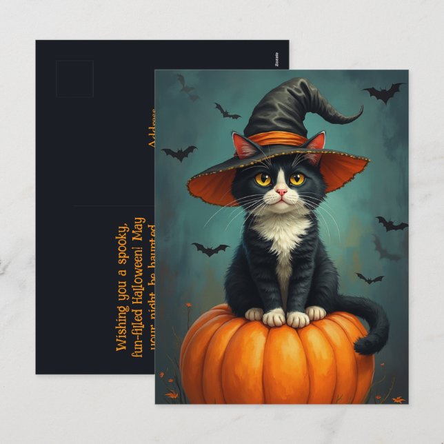 Cartão Postal De Festividades Gato Tuxedo De Bruxa De Halloween Numa Pumpkin (Frente/Verso)