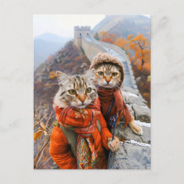 Cartão Postal De Festividades Gatos Aventureiros na Grande Muralha