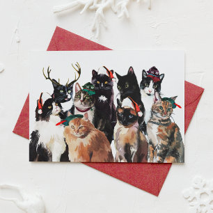 Cartão Postal De Festividades Gatos de Aquarela Festiva com Natal