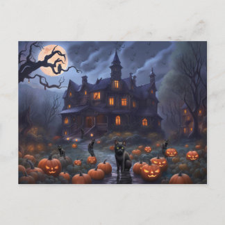 Cartão Postal De Festividades Gatos de Halloween Pumpkins assombrados