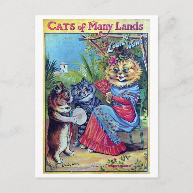 Cartão Postal De Festividades Gatos de Muitas Terras - Louis Wain (Frente)