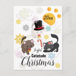Cartão Postal De Festividades Gatos de Natal Dançam em Nuvens e Flocos de Neve