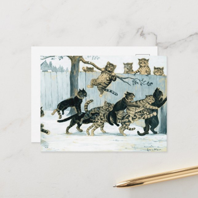 Cartão Postal De Festividades Gatos em Play por Louis Wain (Frente/Verso In Situ)