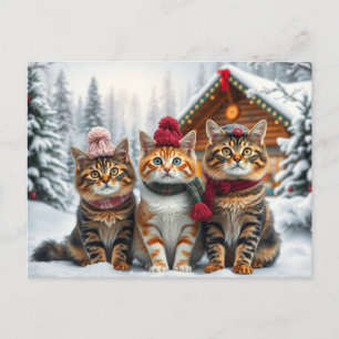 Cartão Postal De Festividades Gatos listrados com roupas e chapéu de inverno ele
