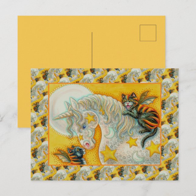 CARTÃO POSTAL DE FESTIVIDADES GATOS NEGROS COM COR UNICORN HALLOWEEN (Frente/Verso)