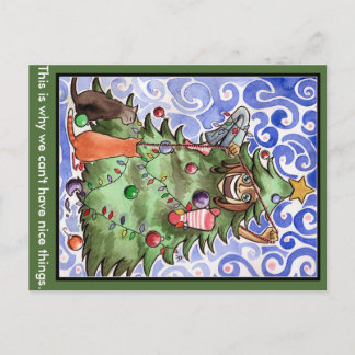 Cartão Postal De Festividades Gatos & seu ser humano & uma árvore de Natal