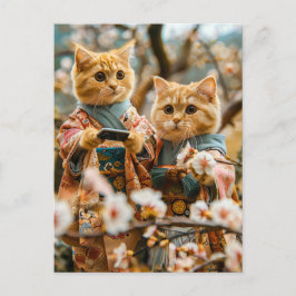 Cartão Postal De Festividades Gatos sob flores de cerejeira no Japão
