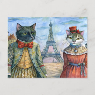Cartão Postal De Festividades Gatos vestidos em Paris