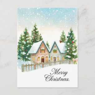 Cartão Postal De Festividades Gêmeos Chalés Nevados Aquarela Saudação