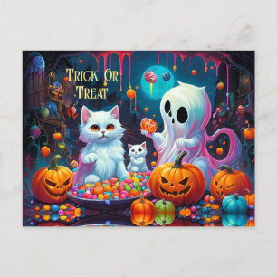 Cartão Postal De Festividades Ghost Kitten Pumpkin Candy Halloween