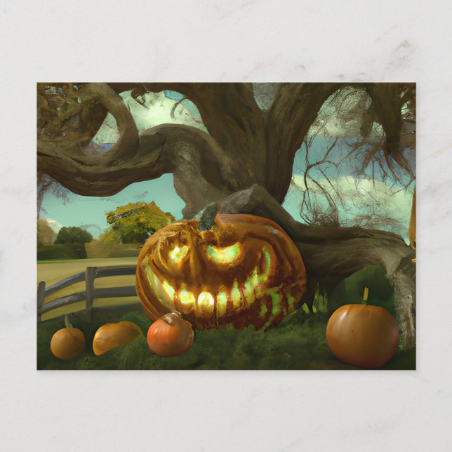Cartão Postal De Festividades Giant Jack-O' Lanterna Mangled Tree Halloween (Frente)