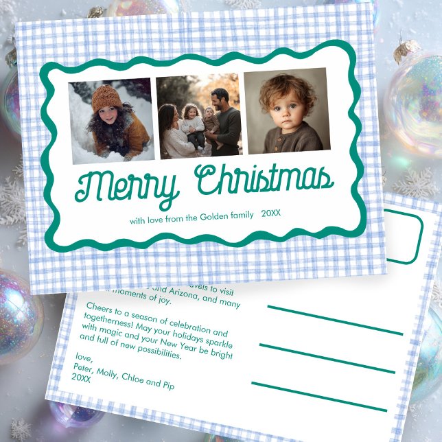 Cartão Postal De Festividades Gingham Ondulado Azul Verde Natal Personalizado 3  (Gingham Wavy Blue Green Christmas Custom 3 Photo Holiday Postcard
)