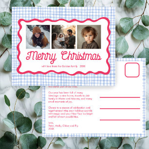 Cartão Postal De Festividades Gingham Wavy Pink Blue Natal Personalizado 3 Foto