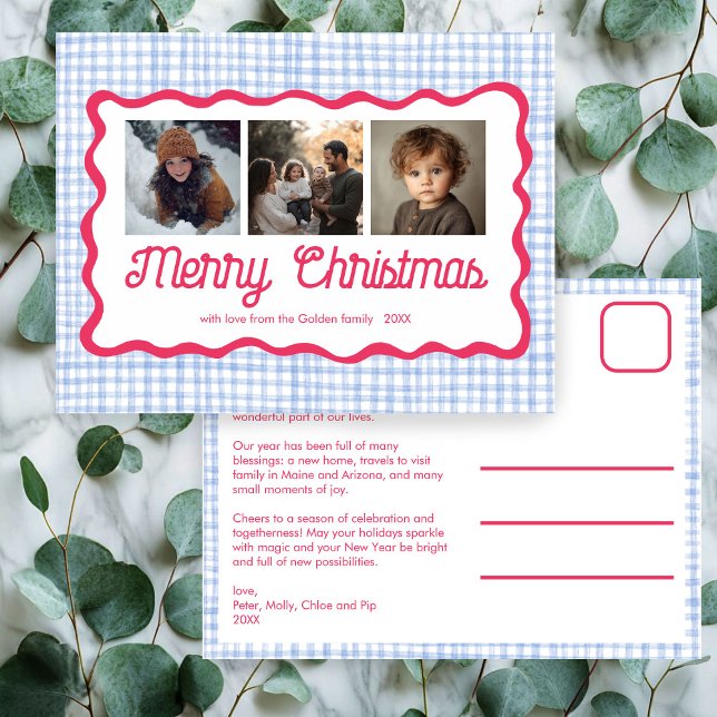 Cartão Postal De Festividades Gingham Wavy Pink Blue Natal Personalizado 3 Foto (Gingham Wavy Pink Blue Preppy Cute Chic Christmas Custom 3 Photo Holiday Postcard
)