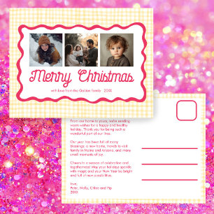 Cartão Postal De Festividades Gingham Wavy Pink Yellow Natal Personalizado 3 Fot