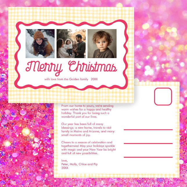 Cartão Postal De Festividades Gingham Wavy Pink Yellow Natal Personalizado 3 Fot (Gingham Wavy Pink Yellow Christmas Custom 3 Photo Collage Cute Chic Preppy Holiday Postcard
)