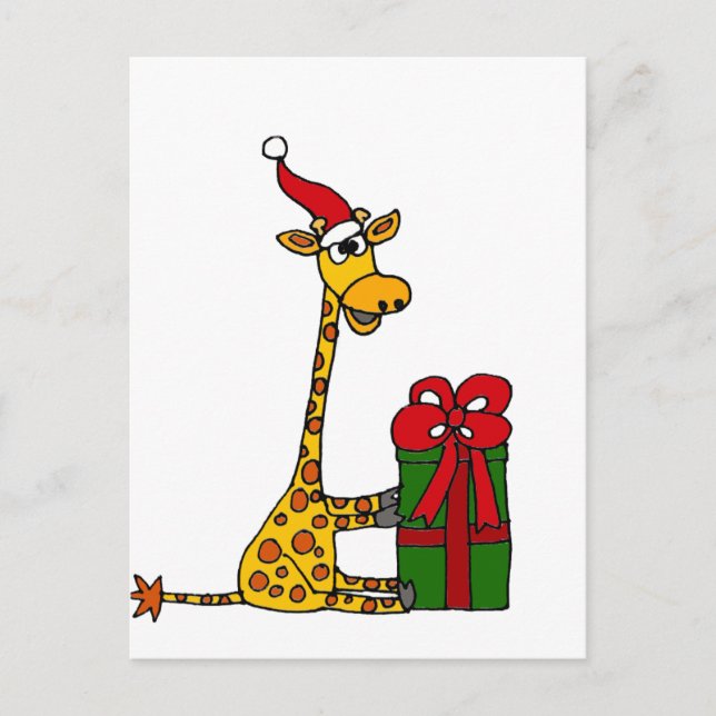 Cartão Postal De Festividades Girafa engraçada na Design de Natal do Santa Hat (Frente)