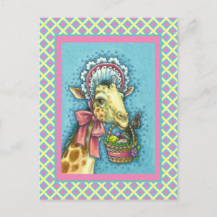 CARTÃO POSTAL DE FESTIVIDADES GIRAFFE EM BONNET DE PÁSCOA DE PRIMAVERA, CESTA D
