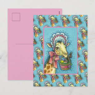 CARTÃO POSTAL DE FESTIVIDADES GIRAFFE EM BONNET DE PÁSCOA DE PRIMAVERA, CESTA DE
