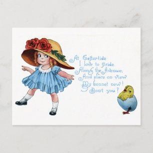 Cartão Postal De Festividades Girl in Bonnet & Blue Dress Vintage Easter