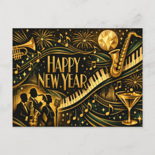 Cartão Postal De Festividades Glamoroso Ano Novo Jazz Art Déco Dourado
