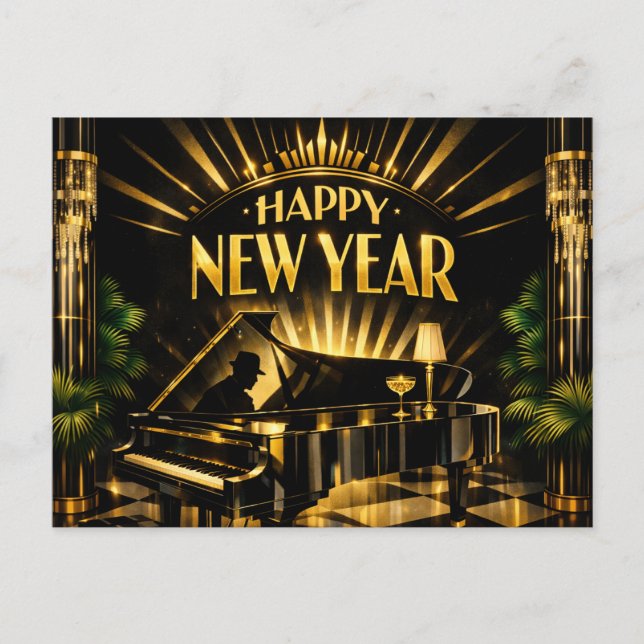 Cartão Postal De Festividades Glamorous Art Deco Piano New Year (Frente)