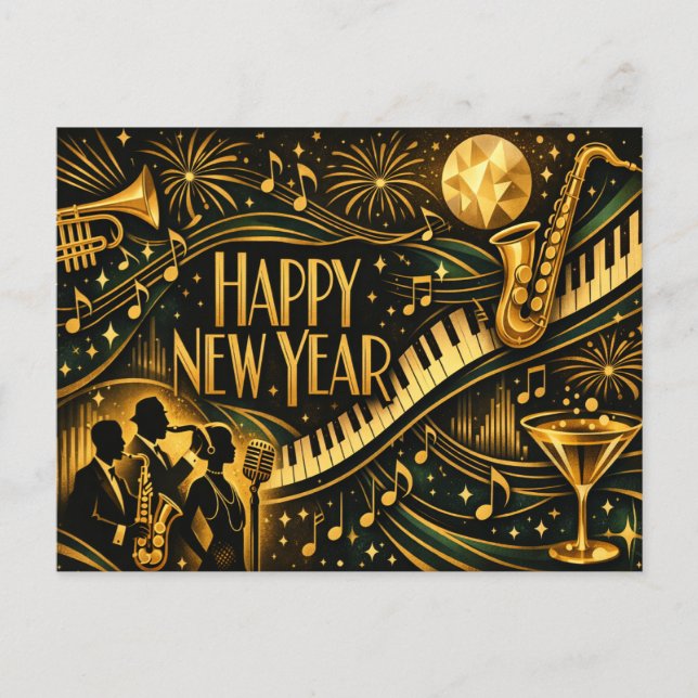 Cartão Postal De Festividades Glamorous Gold Jazz Art Deco New Year (Frente)
