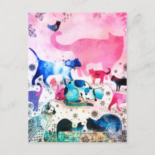 Cartão Postal De Festividades Glitter Arte Rosa Cor-de-Água Rosa do Partido Cat