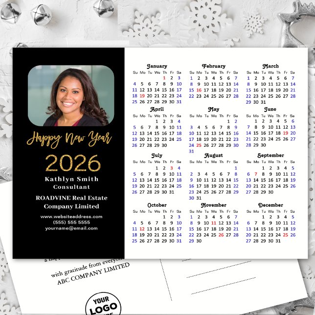 Cartão Postal De Festividades Glitter Dourado Preto Moderno do Calendário 2026 (Criador carregado)