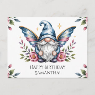Cartão Postal De Festividades Gnome de Fada e Rosa com Texto Personalizado
