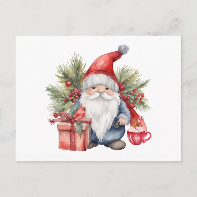 Cartão Postal De Festividades Gnomo de Natal bonito Aquarela (Frente)