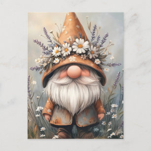 Cartão Postal De Festividades Gnomo Flor Whimsical: Arte Por Aquarela Adorável