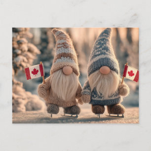 Cartão Postal De Festividades Gnomos canadenses fofos patinando no gelo no inver