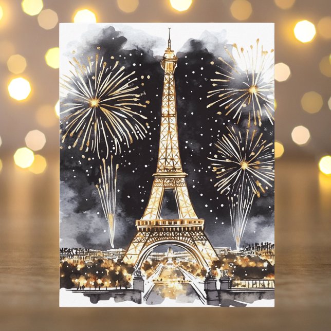 Cartão Postal De Festividades Gold Black Paris Eiffel Tower Happy New Year (Criador carregado)