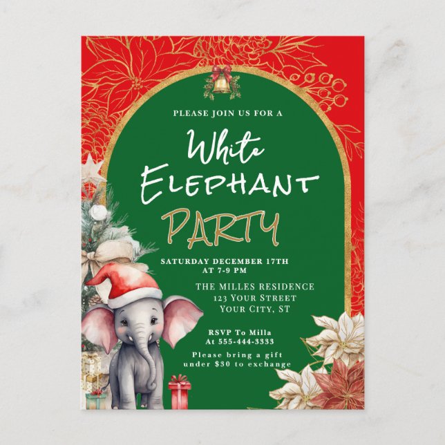 Cartão Postal De Festividades Gold, White And Green White Elephant Gift Exchange (Frente)