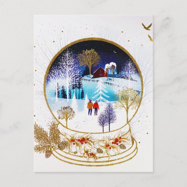 Cartão Postal De Festividades Gold Winter Eve Couple Snowglobe Forest Home (Frente)