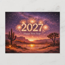 Cartão Postal De Festividades Golden Fireworks 2027 Desert Night Sky Celebration