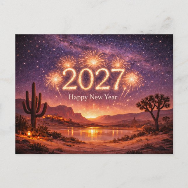 Cartão Postal De Festividades Golden Fireworks 2027 Desert Night Sky Celebration (Frente)