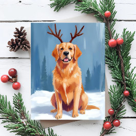 Cartão Postal De Festividades Golden Retriever Chifres de Rena Natal