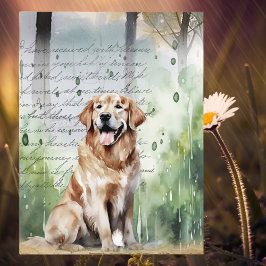 Cartão Postal De Festividades Golden Retriever na Chuva de Primavera Aquarela Vi