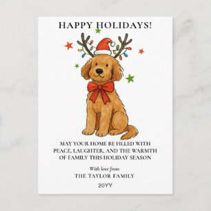 Cartão Postal De Festividades Goldendoodle Cachorro Chifres de Rena Filhote Nata
