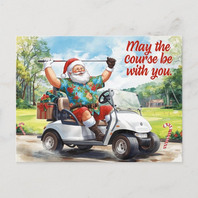 Cartão Postal De Festividades Golf Christmas themed  with Santa Claus (Frente)