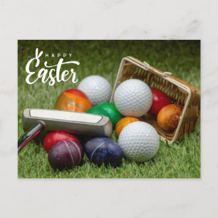 Cartão Postal De Festividades Golf de Páscoa com bola de golfe de ovos coloridos