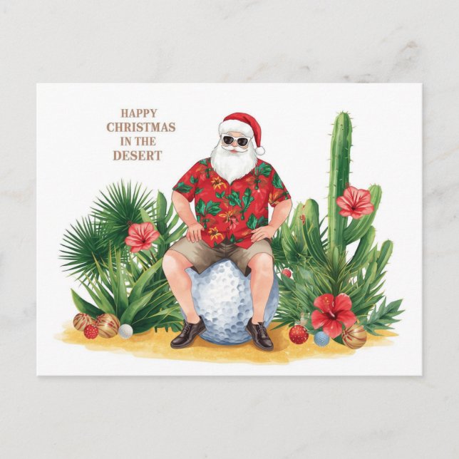 Cartão Postal De Festividades Golf Desert Christmas Cactus Santa Claus Golfer (Frente)