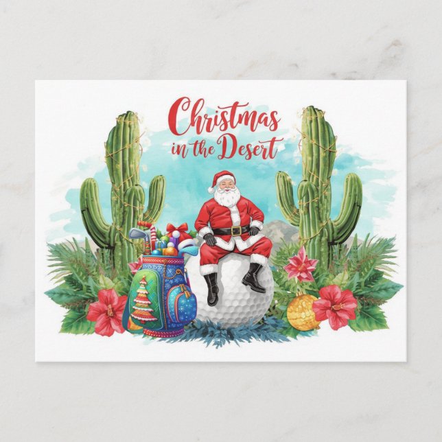 Cartão Postal De Festividades Golf Desert Christmas Cactus Santa Claus Golfer (Frente)