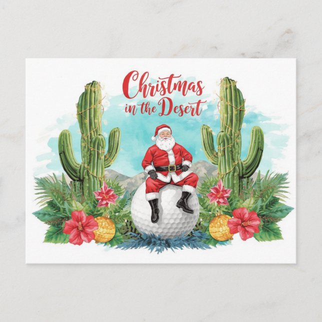 Cartão Postal De Festividades Golf Desert Christmas Cactus Santa Claus Golfer (Frente)