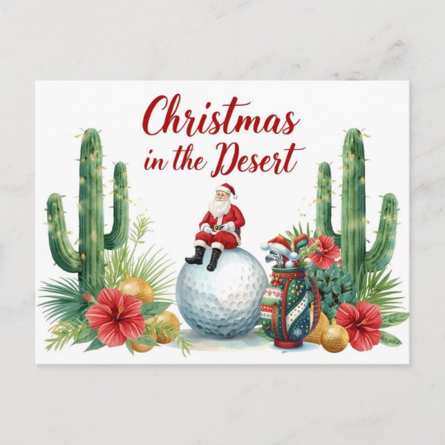 Cartão Postal De Festividades Golf Desert Christmas Cactus Santa Claus Golfer (Frente)