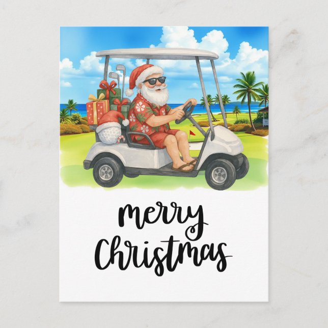 Cartão Postal De Festividades Golf Feliz Natal Papais noeis Golfer Beach Themed (Frente)